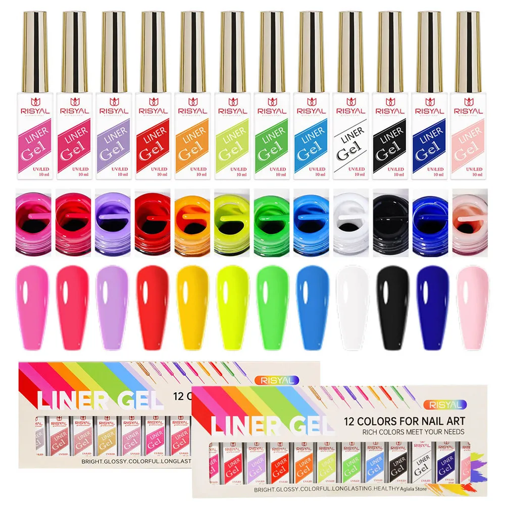 

12pcs Nail Art Painting Liner Gel Polish 10ml Glitter Metallic Mirror Gel Nail Polish Semi Permanent Lines French Nail Varnish