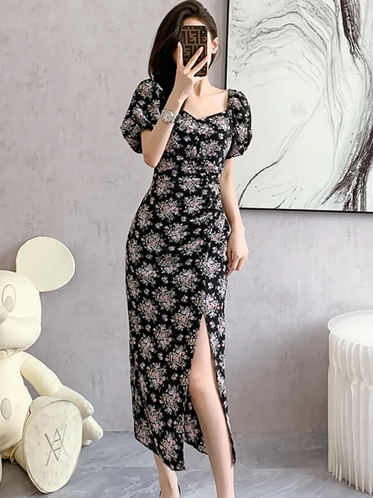 2024 New Black Floral Puff Sleeve Sqaure Collar Midi Dress Women Korean  Vintage Bodycon Dress Summer Elegant Dance Party Dresses - AliExpress