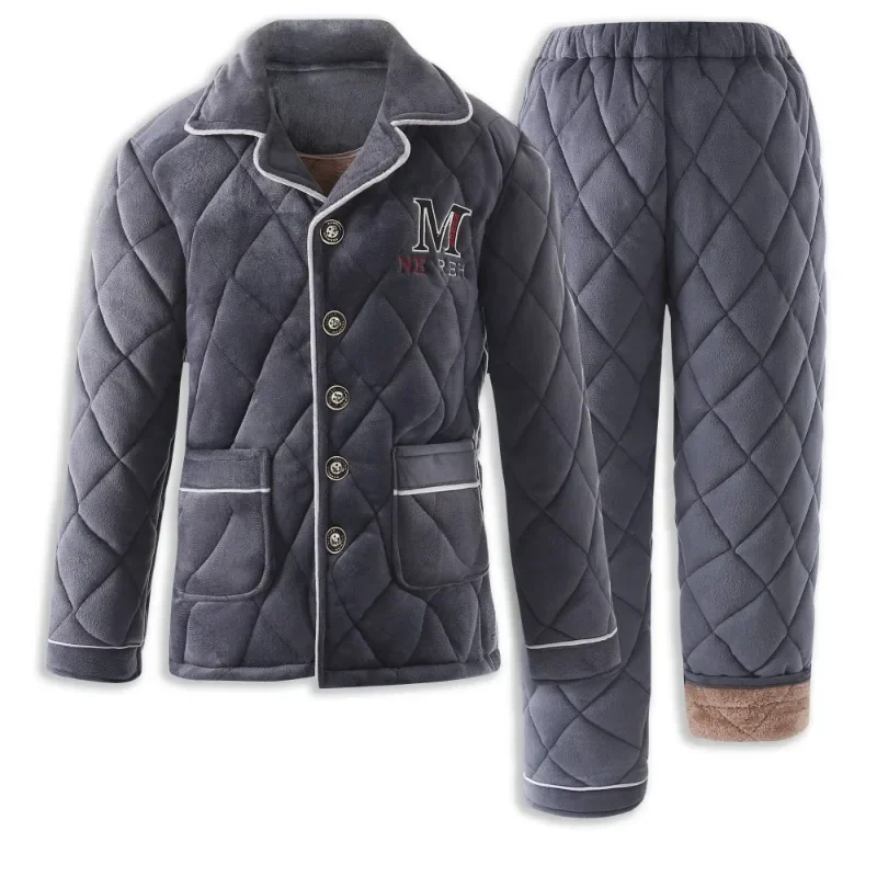 2024 New Winter Pajama Men Plus Velvet Padded Coral Velvet Padded Robe Warm Loungewear Three-layer Plus Fat Pants Homewear Suit