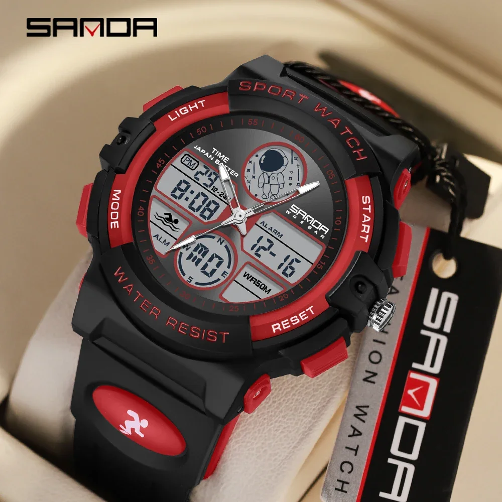 SANDA 6135 Fashion Sports Watches Date LED Military Waterproof Electronic Quartz Wristwatch 2Time Stopwatch Alarm Digital Clock