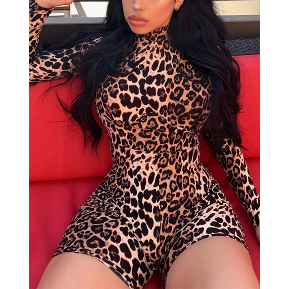 

Summer Fashion Women Leopard Print Long Sleeve Sexy Romper Mock Neck Long Sleeve Playsuit for Femme One Piece Skinny Outfits