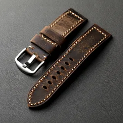 Handmade Vintage Brown Leather Strap - Thick Top Layer Cowhide - 24mm (Silver buckle)