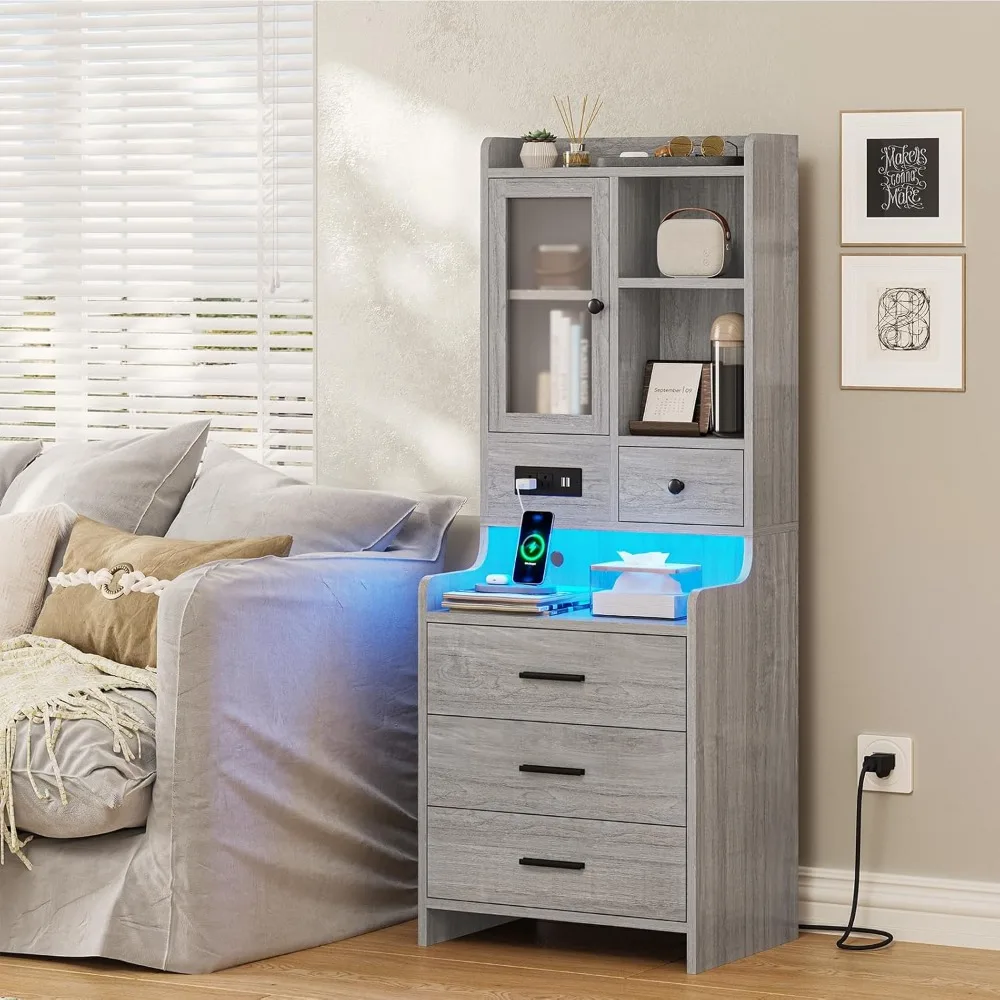 Grey Nightstand Set of 2 with Charging Station,49.2" LED Night Stand for Bedroom,Tall Bedside Table with Bookshelf and Drawers, 6