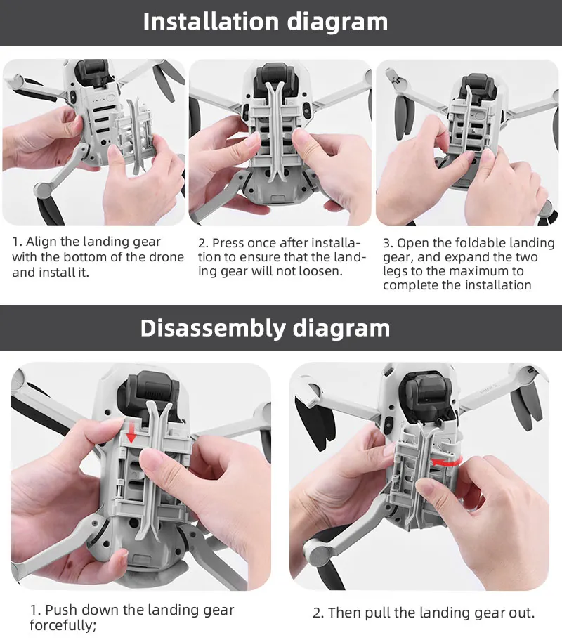 installation diagram 1. Align the landing gear 2. Press once after installa - 3. Open the