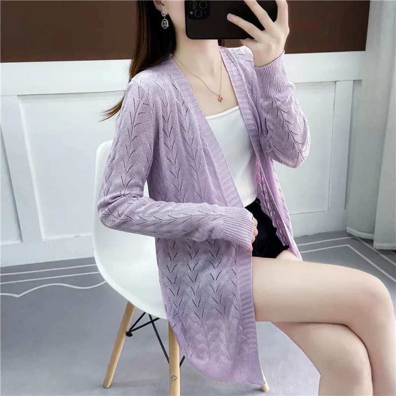 

Knitted Cardigan Mid-length Jacket Women's Summer All-match Thin Outer Shawl Spring and Autumn Chic Air Conditioning Lining