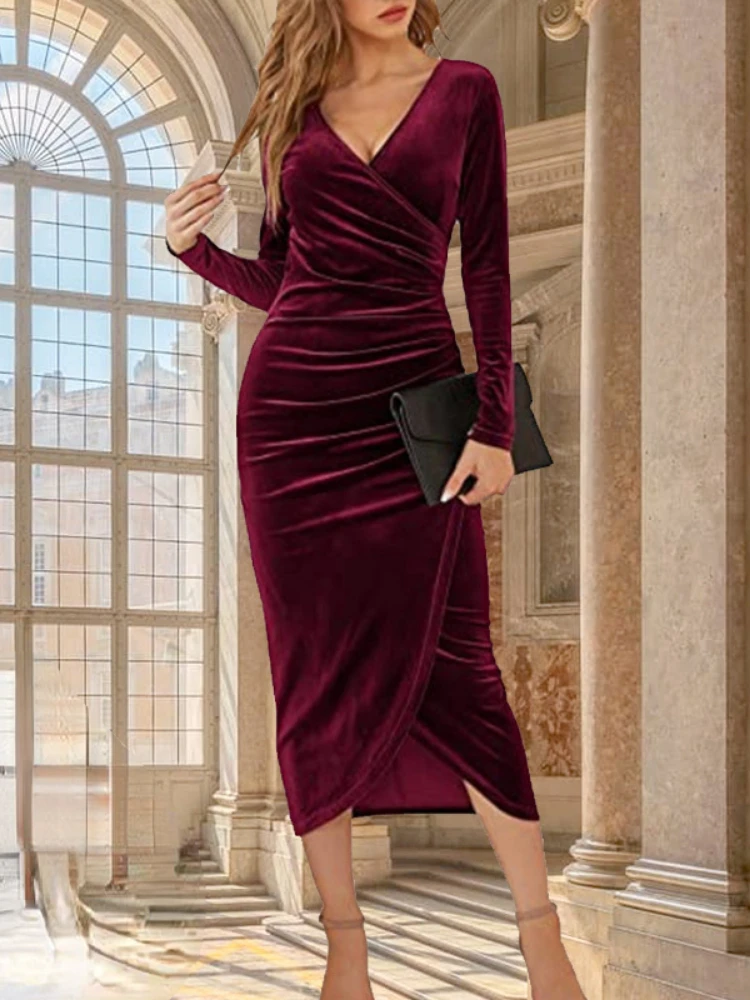 

2023 Autumn Velvet Black Midi Dress for Women Long Sleeve Ruched Slim Fit Evening Dresses Female Party Clubwear