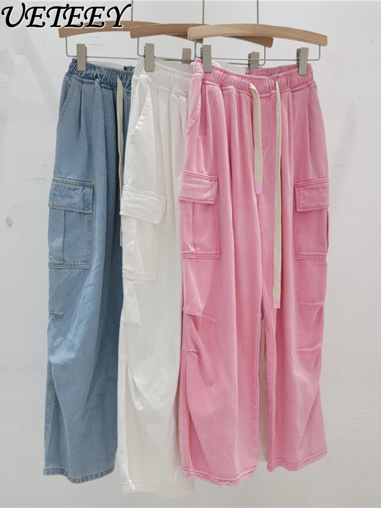Elastic Waist Loose Leisure Workwear Jeans for Women Spring New High Waist Slimming All-Matching Big Pocket Straight-Leg Pants