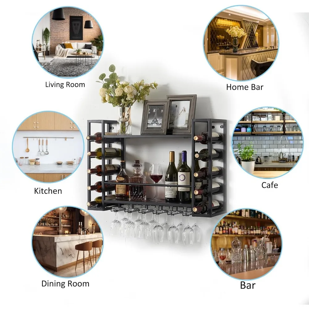 Wall Mounted Wine Rack with Glass Holder, Metal Bottle Holder Wine Storage Display Rack for Home Bar Dining Room Kitchen