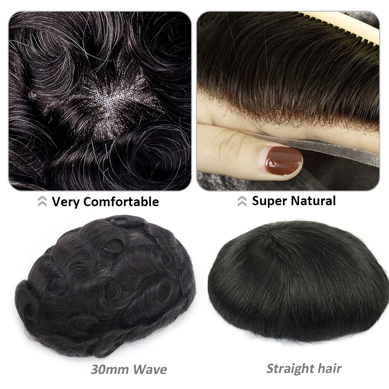 Parrucchino da uomo con pizzo frontale, in capelli umani, con nodi sbiancati, in pizzo PU, capelli indiani veri, per sostituzione, colore marrone naturale - immagine 6