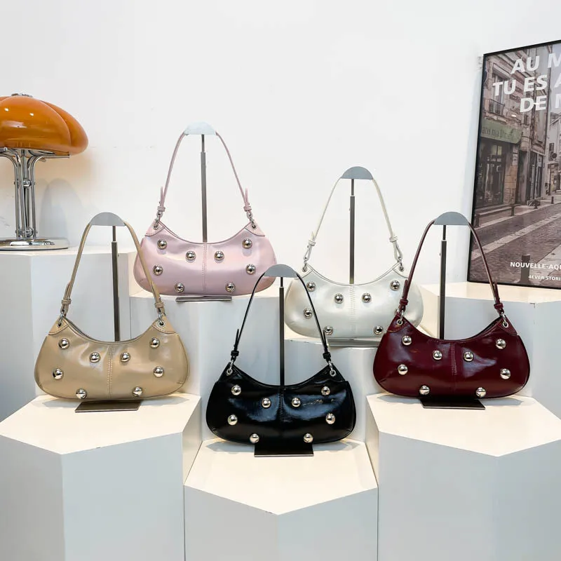 Women PU Rivet Shoulder Bag Trendy Underarm  Solid Color Fashion Tote Handbag Adjustable Strap Cool Sling Chic Hobo Bag