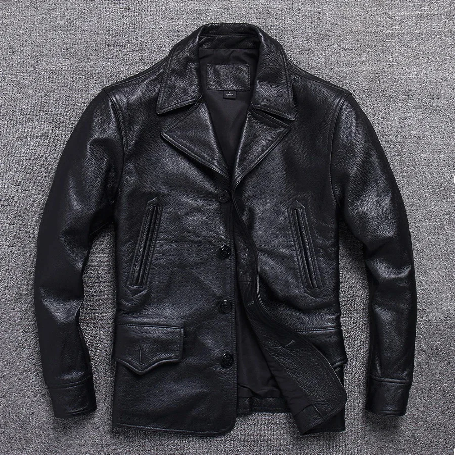 

Длинная мужская ветровка из натуральной кожи, классическая черная бычья кожа, повседневная одежда, куртка, ская
