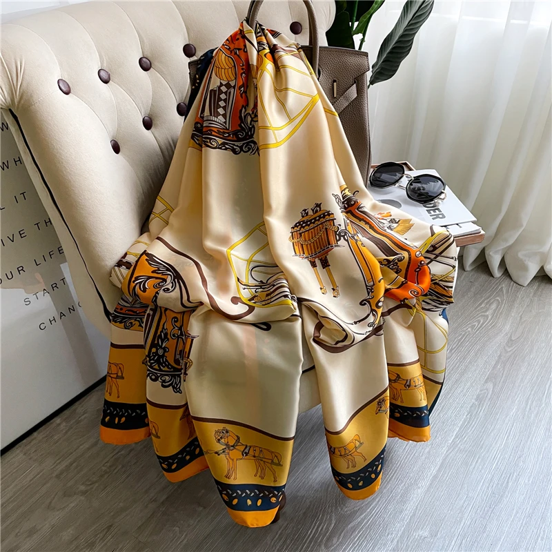 

Print Scarf Silk Satin Large 180*90cm Pashmina Shawl Wrap Headscarves Hijab Travel Beach Stoles Bandana Echarpe 2022 Sping New