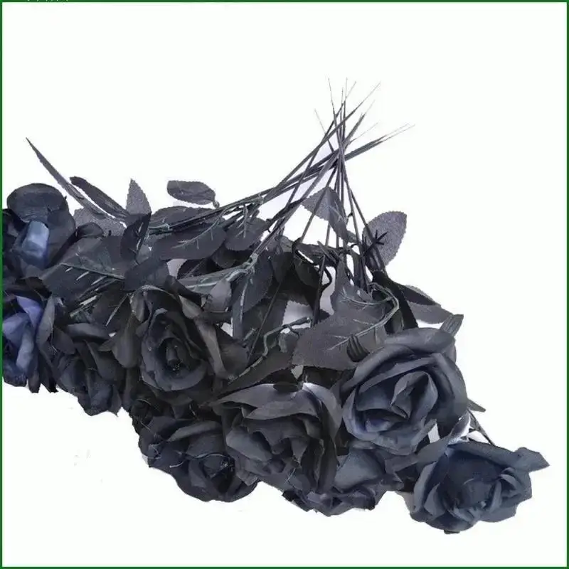 10pcs/Set Artificial Black Single Rose Bouquet Halloween Ghost Festival Horror Gothic Style Dark Series Decorative FakeFlowers