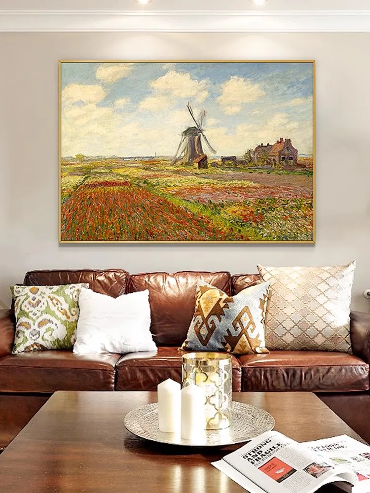 

100%Handmade Oil Painting On Canvas Copy Monet Tulips And Windmills Impression Landscape Wall Art Pictures For Living Room Decor