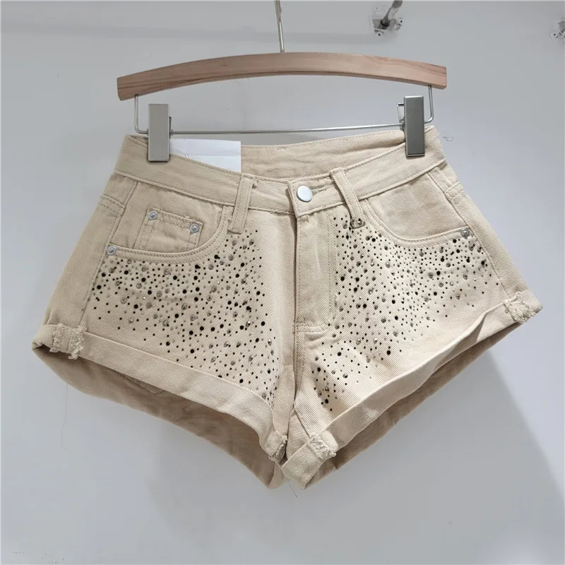 Fashion Retro Rhinestone Denim Shorts Women 2024 Summer New A- Line Wide Leg Short Pants Ultra Short Booty Shorts for Hot Girls