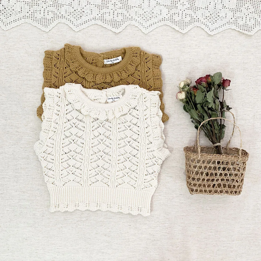 

Jenny&Dave Spring and Autumn Cotton Baby Girls' Hollow Wool Knitted Pullover Vest Girl Baby Ruffle Collar Short Vest Girl