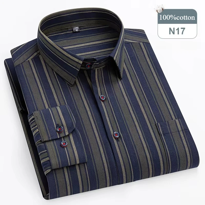 Men's Plus Size Long-Sleeve 100% Cotton Slim Fit Formal Shirt - Soft Plaid and Striped Design