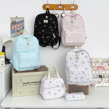 Sweet Girl Style Bow Print Three Piece Backpack Set Lightweight Load Reducing Large Capacity Backpack Campus Student Backpack 1
