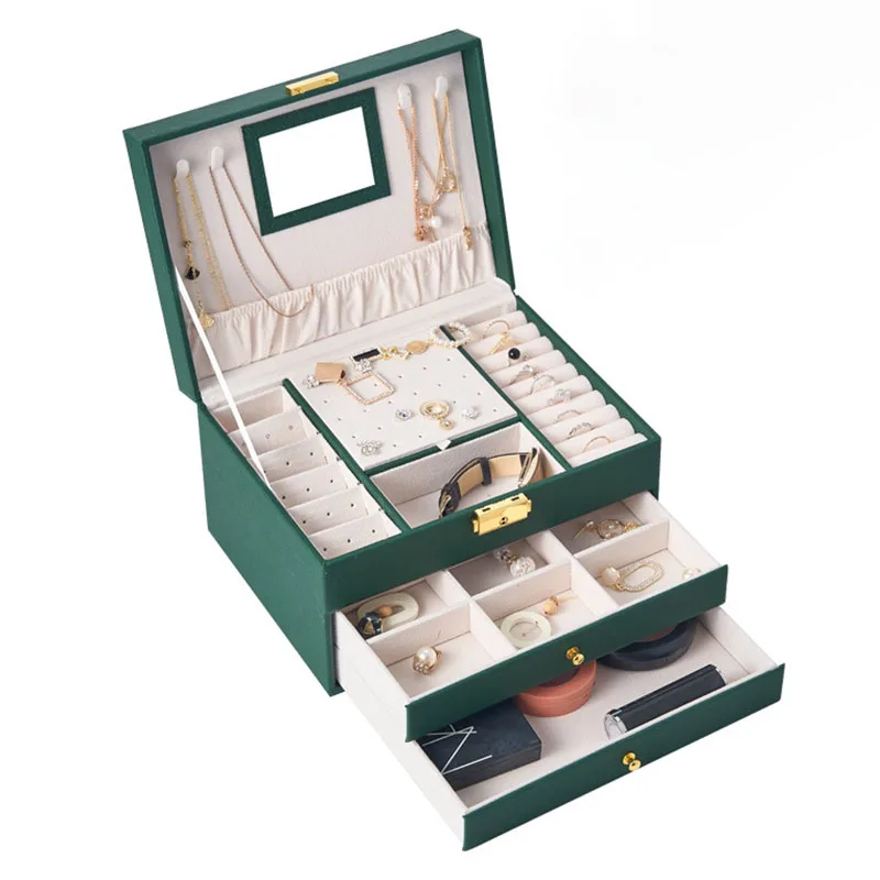 

Luxury Green 3 Layers Leather Jewelry Organizer Box Large Capacity Earrings Necklace Ring Display Cabinet Jewelry Box for Women