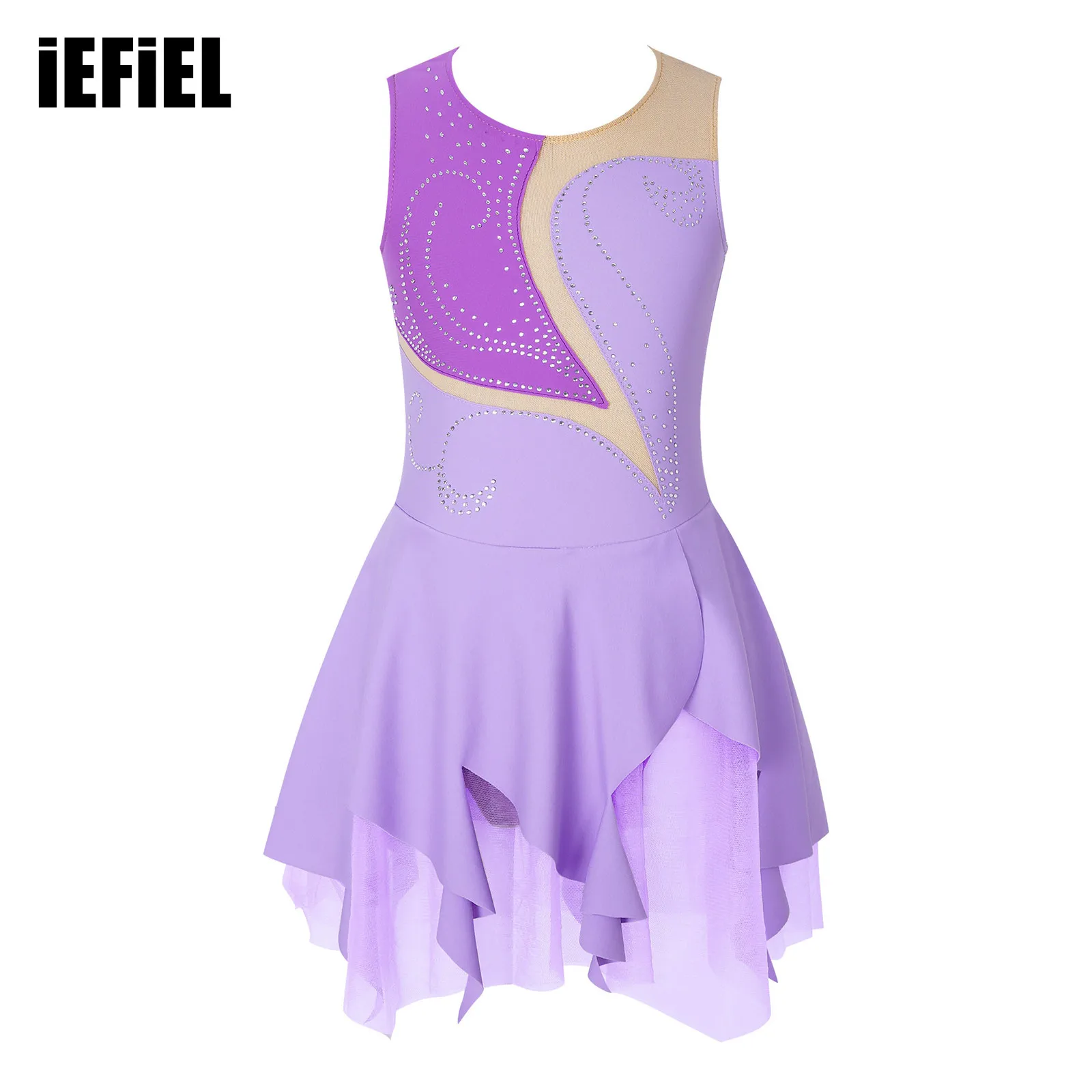 

Kids Girls Stylish Clothing Dance Dress Sleeveless Round Neckline Rhinestone Decorated Patchwork Style Hollow Back Skating Dance