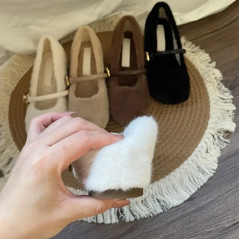 Women's Fashion Flat Cotton Shoes Autumn Winter New Pointed Soft Sole Anti-slip Single Shoes Luxury Plush Flat Mary Jane Shoes