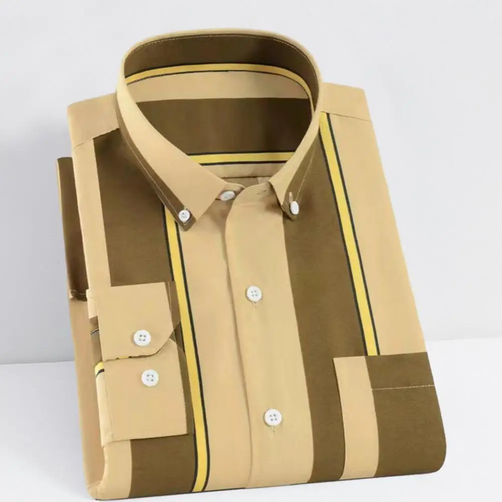 

Men Shirt Turn-down Collar Long Sleeve Single-breasted Cardigan Slim Fit Striped Color Matching Buttons Formal Business Style Me