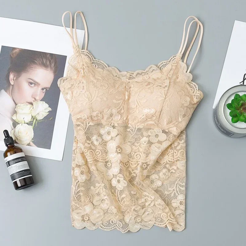 Floral Cami Padded Tank Top Women's Underwear Sexy Lace Bralette Crochet Flower Vest Camisole