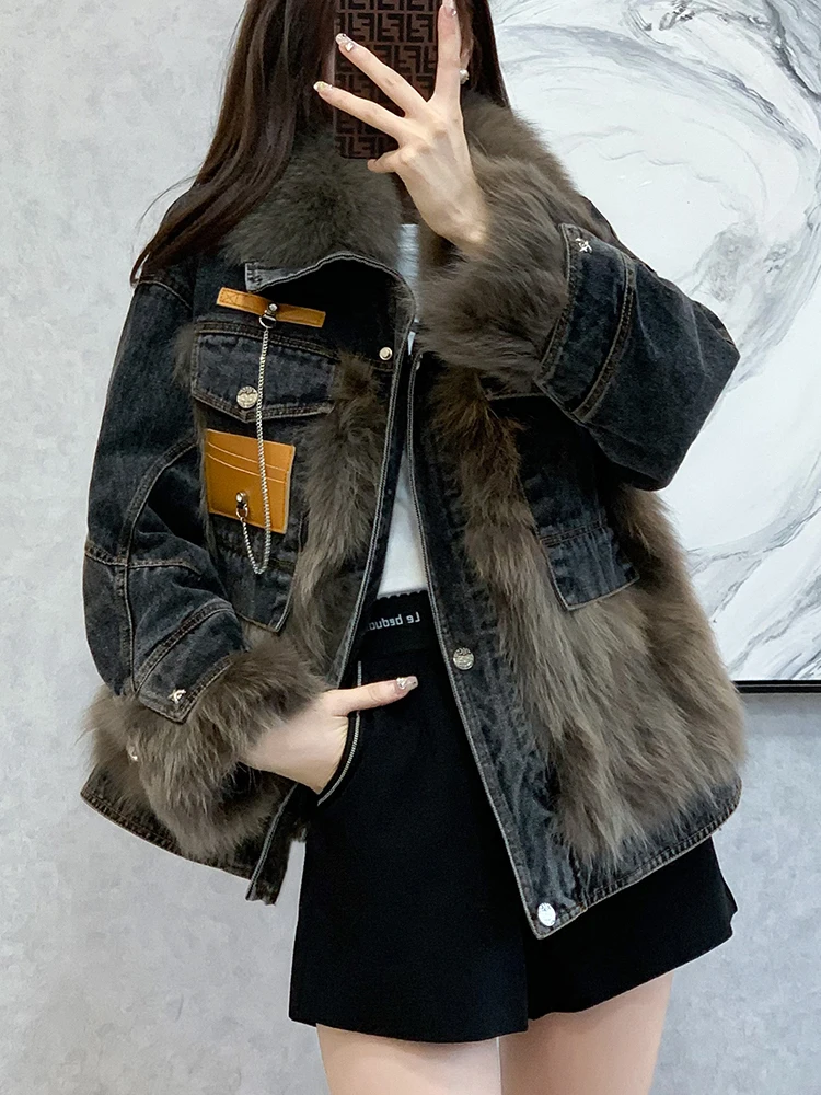 Chic Metal Chain Moto Biker Style Denim Fur Jacket Women Winter Thick Warm Zipper Up Overcoat Loose Casual Short Coat Trendy