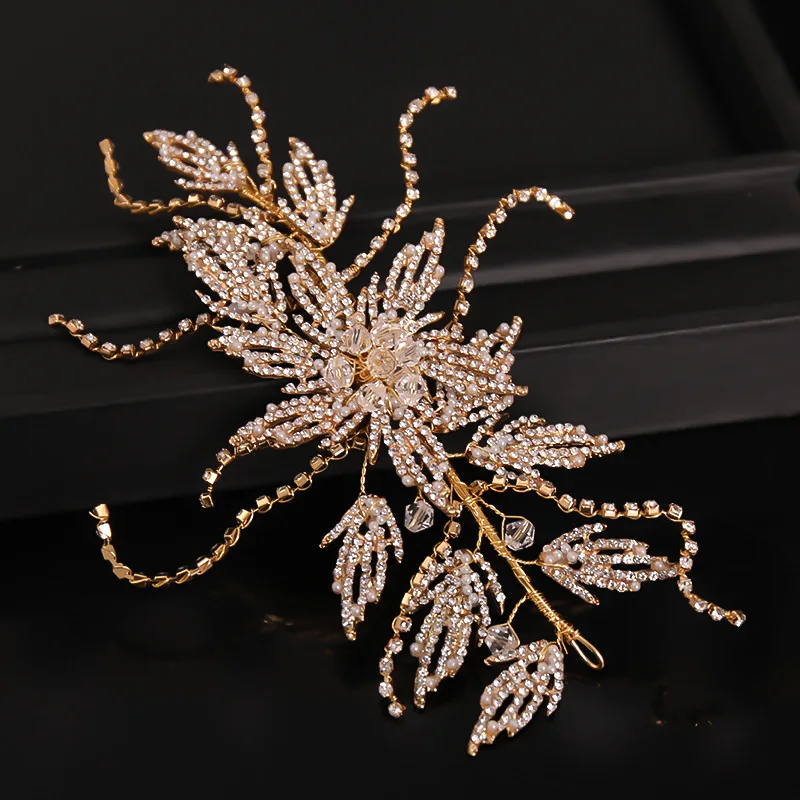 

Gold Rhinestone Hair Band Bride Crystal Leaf Headband Wedding Accessories Luxury Jewelry Woman Ornaments Party Headpiece