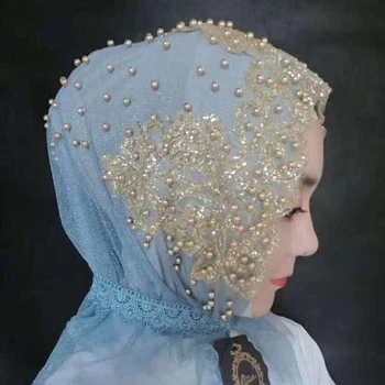 Sciarpa musulmana con perle di pizzo tinta unita da donna Nuovo cappello foulard regolabile in stile etnico da donna Cappelli turbante 1