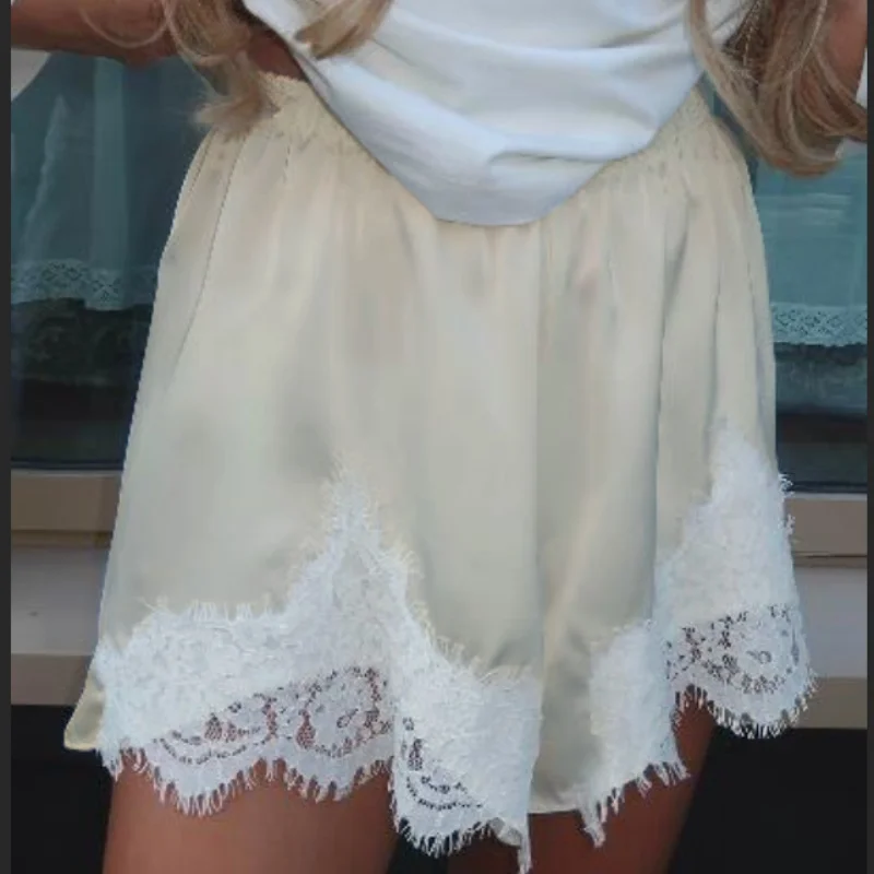 Women Satin Silk Shorts Lace Trim Mini Micro Shorts Silky Low Rise Coquette Lounge Slip Pj Bottoms French Knickers ﻿