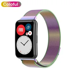 Premium Metal Band with TPU Screen Protector and Protective Case for Huawei Watch Fit - Milanese Magnetic Loop Strap (Colorful Band)