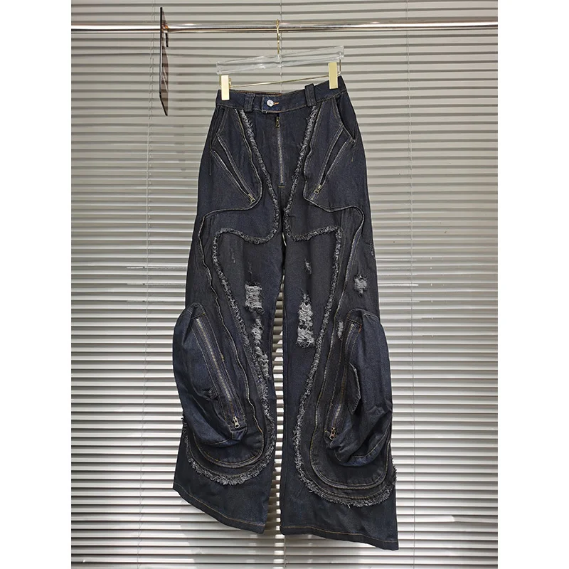 

Новинка весна-лето 2024, Женские винтажные прямые джинсовые брюки с дырками и необработанными краями, модные дизайнерские модные брюки с карманами