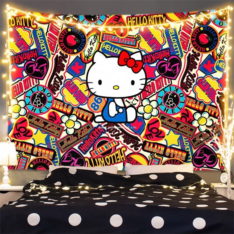 Sanrio 헬로 키티 태피스트리 귀여운 배경 Kawaii 애니메이션 태피스트리 벽 장식 방 장식 소녀 기숙사 벽 마운트 태피스트리