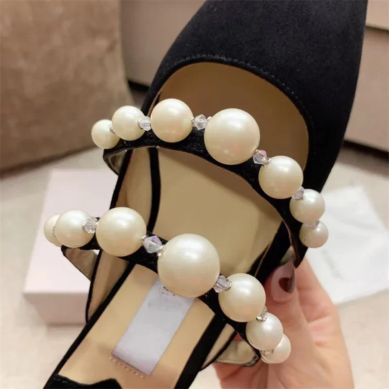 2024 Spring and Autumn New One line Leather Flat Bottom Mary Jane Shallow Mouth Pearl Square Head Single Shoes for Women