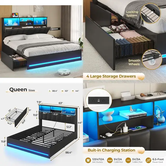 VIAGDO Queen Bed Frame with Bookcase Headboard, Wooden Bed Frame Queen Size with Charging Station, 4 Storage Drawers and LED Lig