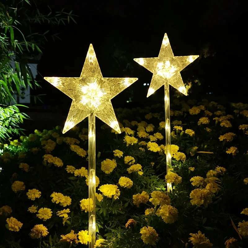 New Solar Energy Christmas Star Lights Outdoor One Driven Two LED Pentagram Garden Festival Park Landscape Decor Lawn Floor Lamp