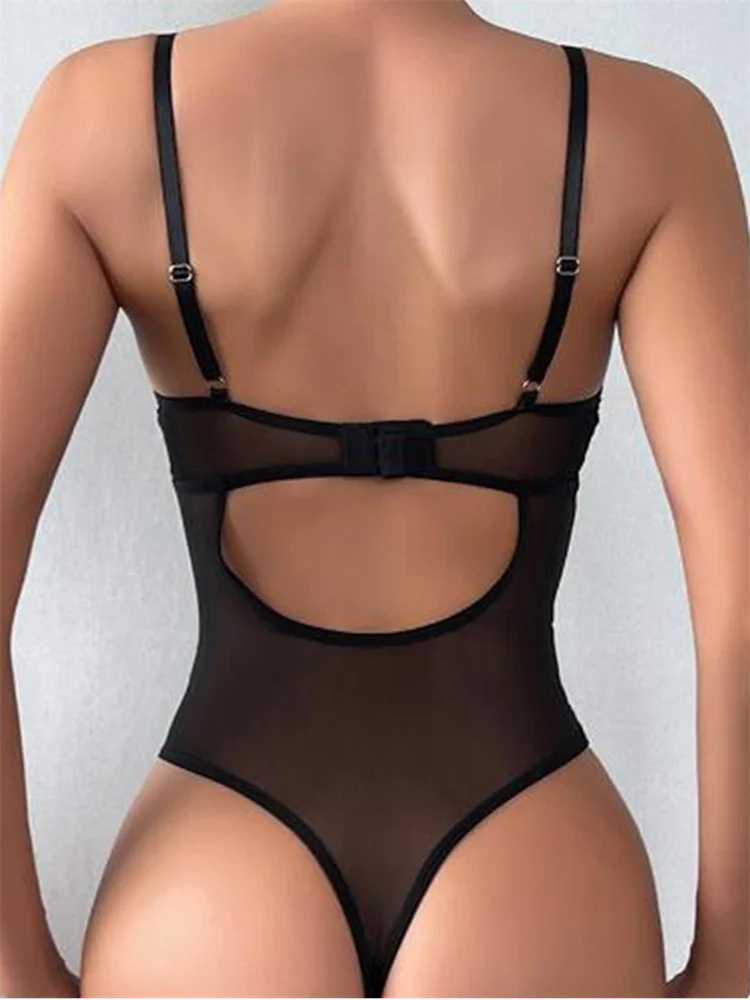 Womens PU Leather Bodysuit Solid Color See Through Mesh Top