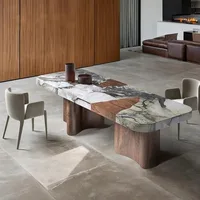 Table à manger en marbre naturel sur mesure, toutes tailles, extra longue, base en bois massif, haut de gamme, résistante aux rayures et aux taches, mobilier de salle à manger pour villa 3