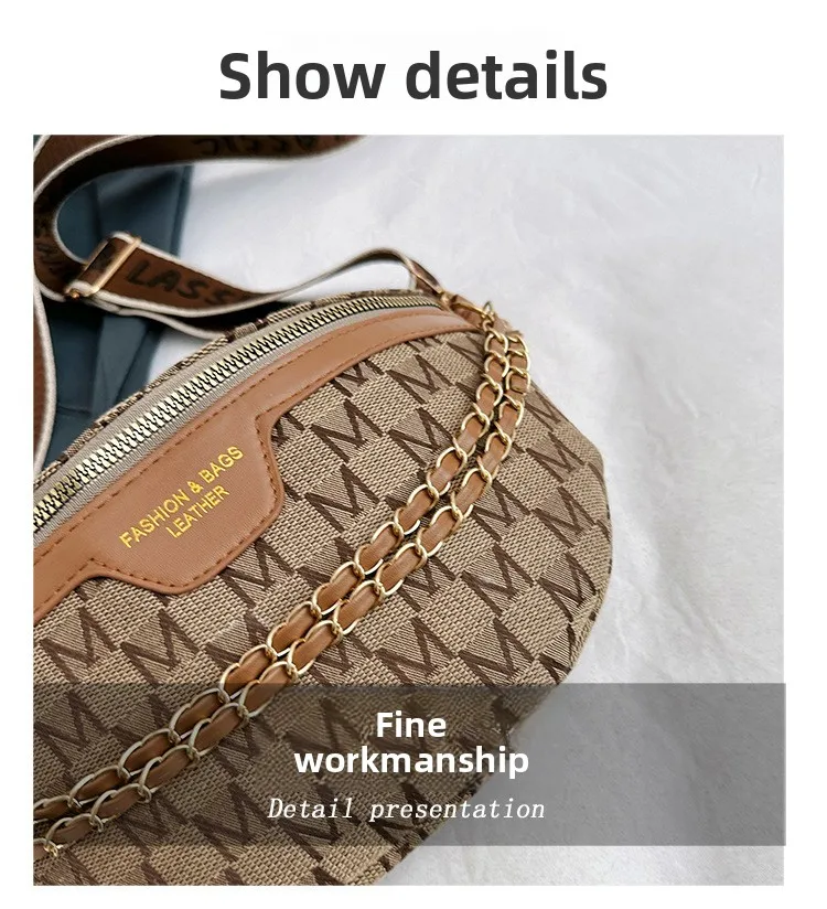 Schicke Umhängetasche mit doppelter Kettendetails, einfache Brusttasche, stilvoller breiter Riemen und schlankem Reißverschluss, geeignet für den täglichen Gebrauch – Detail 4