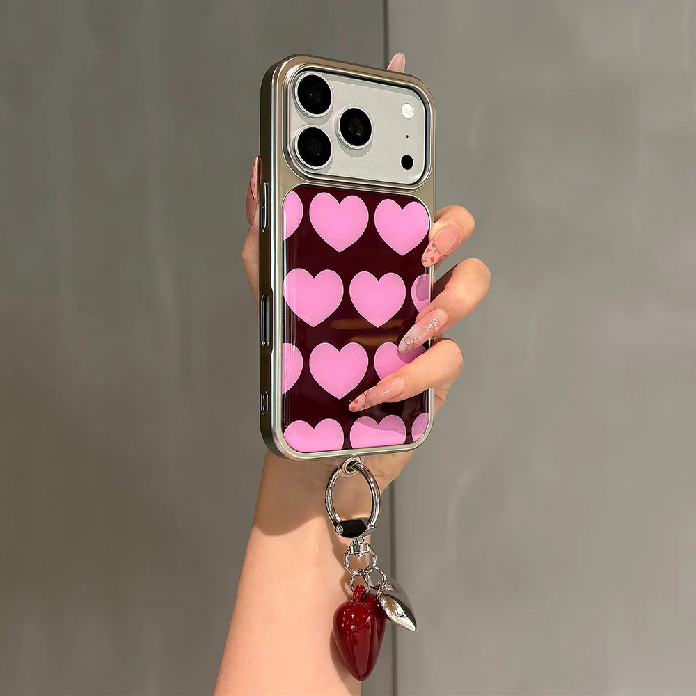 Chic Pink Love Heart Wine Red Hard Plastic Phone Case with Electroplated Frame and Drip Glue Back Cover