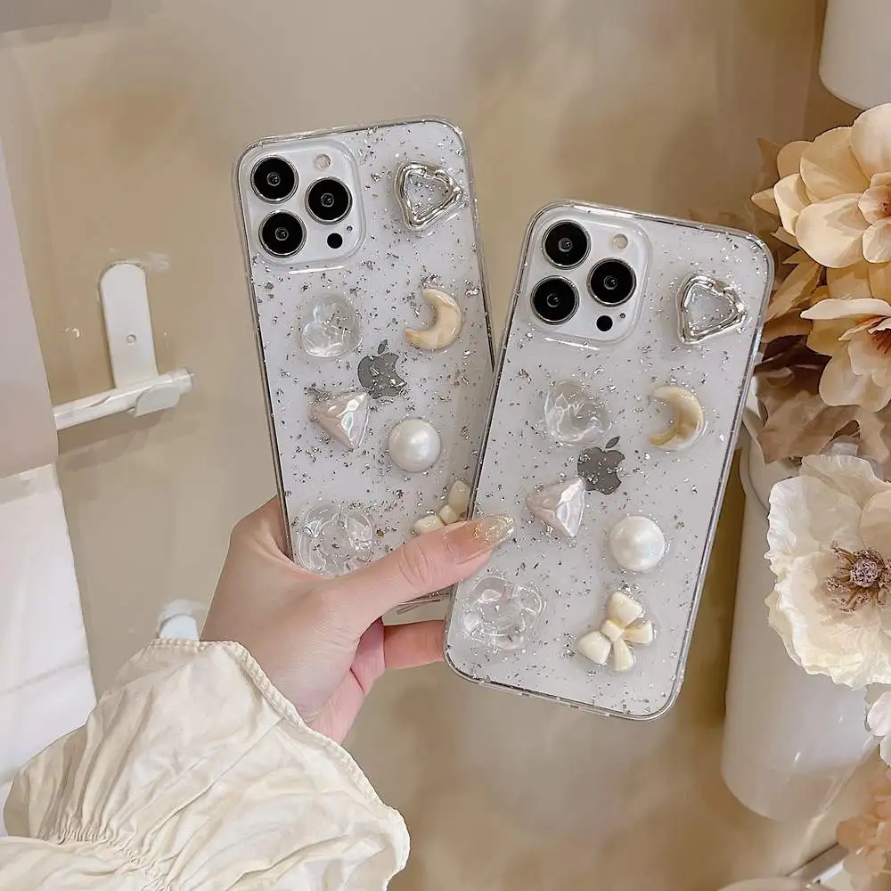 Luxury Glitter Crystal Tpu Clear Transparent Pearl Silver Foil Phone Case Cover For Iphone 11 12 13 Pro Max Xr X Iphone 7 8 Plus