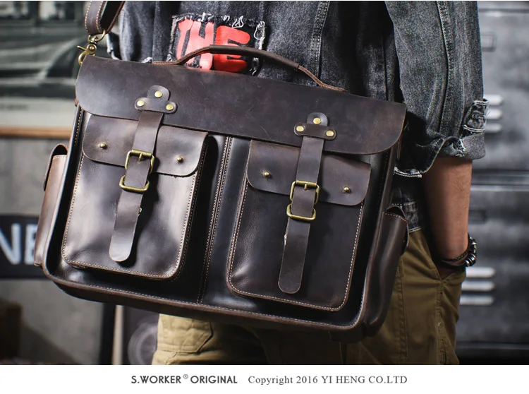 Vintage hochwertige Crazy Horse Rindsleder Herren große Aktentasche lässig Reise Luxus handgefertigte echtes Leder Laptop Handtasche – Detail 5