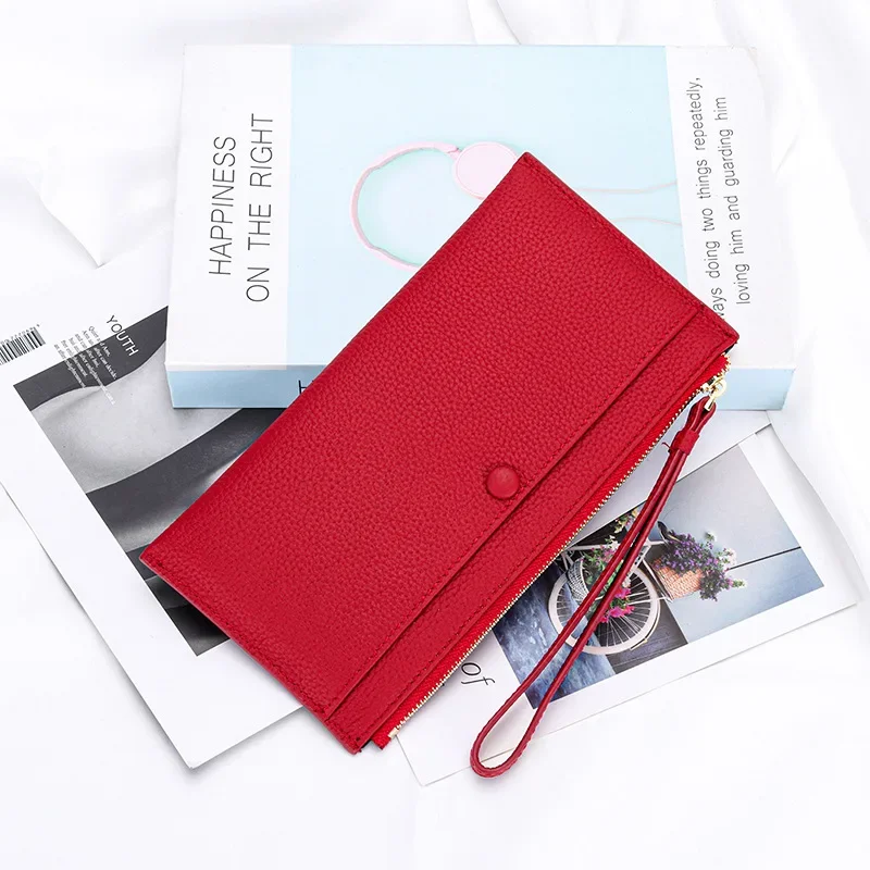 Genuine Leather Women Long Wallet Fashion Brand Design Card Holder Clutch Bag Zipper Wrist Strap Phone Bag Slim Cowhide Purse