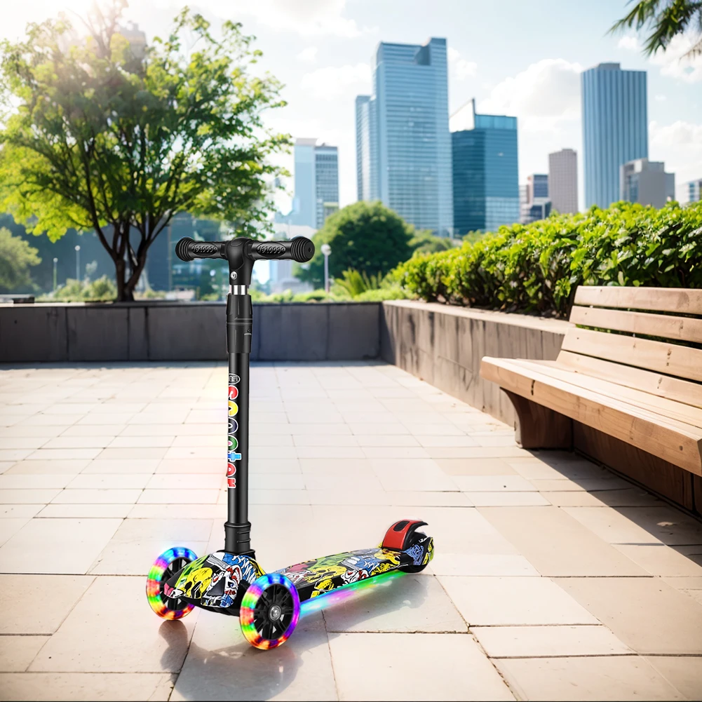 Foldable Kick Scooter Light-Up Wheels 3 Wheel Scooter Adjustable Height Kids Push Lean To Steer for Children Ages 2-10