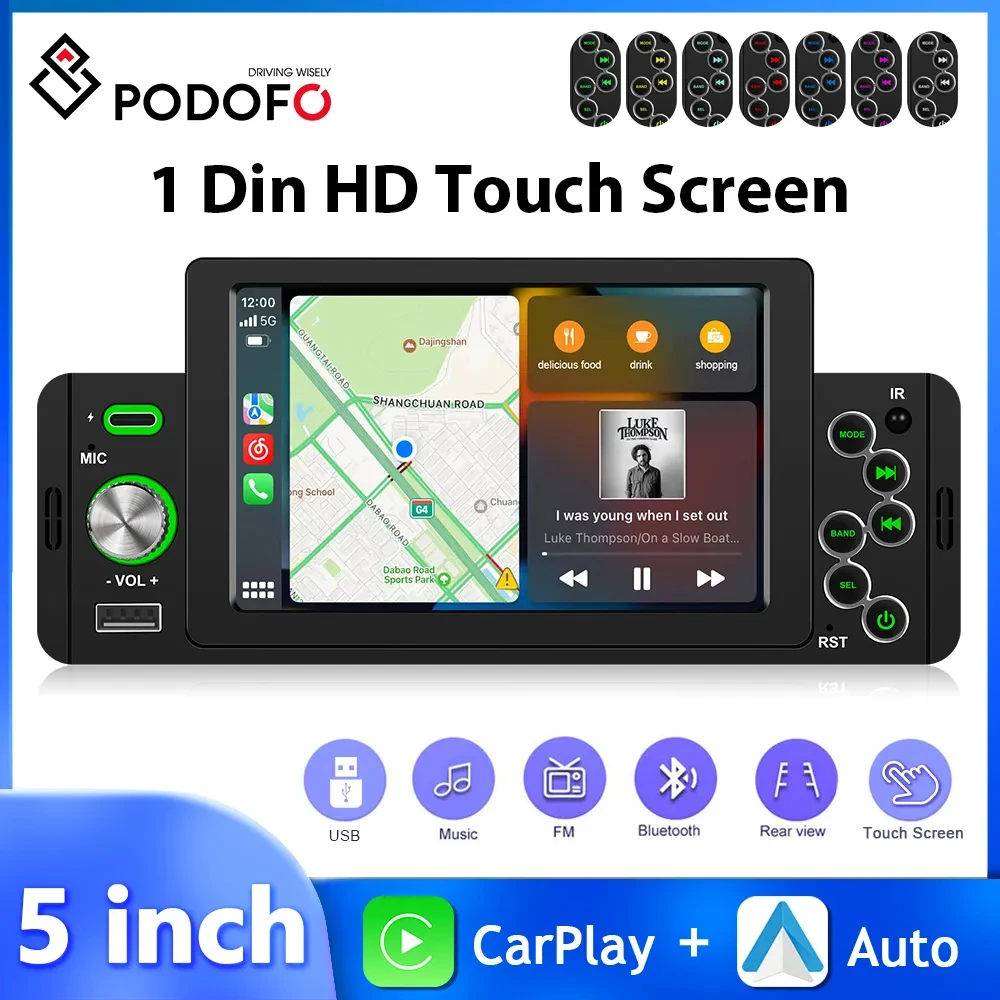 Podofo5Inch1DinCarRadioWirelessCarplayMP5PlayerWireless