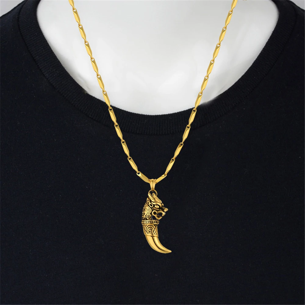 Punk Rock Dragon Wolf Tooth Pendant & Chain Male Gold Color Stainless Steel Amulet Necklace Men Cool Animal Jewelry Gift fang tooth necklace stainless steel pendant necklace