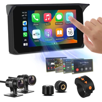Monitor Carplay wireless Touch screen da 5.0 '' DVR per moto Navigazione automatica Android con doppia telecamera 1080P Modalità parcheggio TPMS