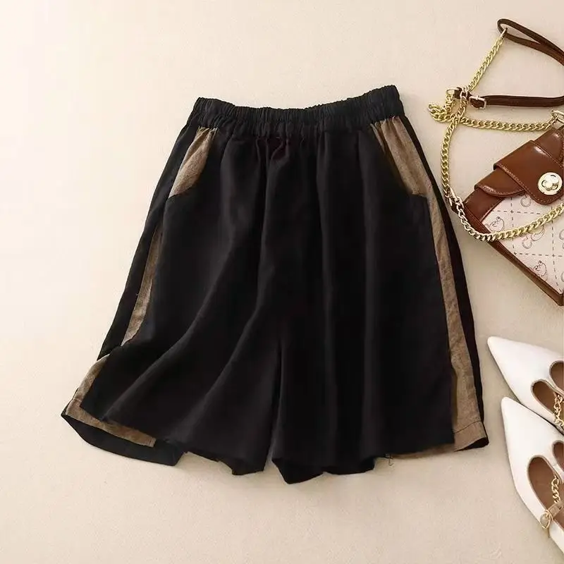 Women's 2024 Summer New Patchwork Elasticized High-waisted Pocket Fashion Solid Color Loose All-match Casual Wide Leg Shorts