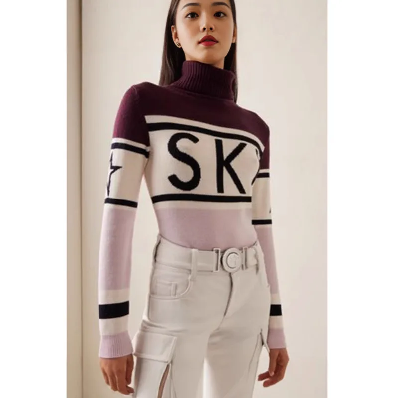 Turtleneck High Street Knitted Sweaters Letter Printed Elegant Slim Pullovers Patchwork Harajuku Thick Jumpers Women's Sweaters 3